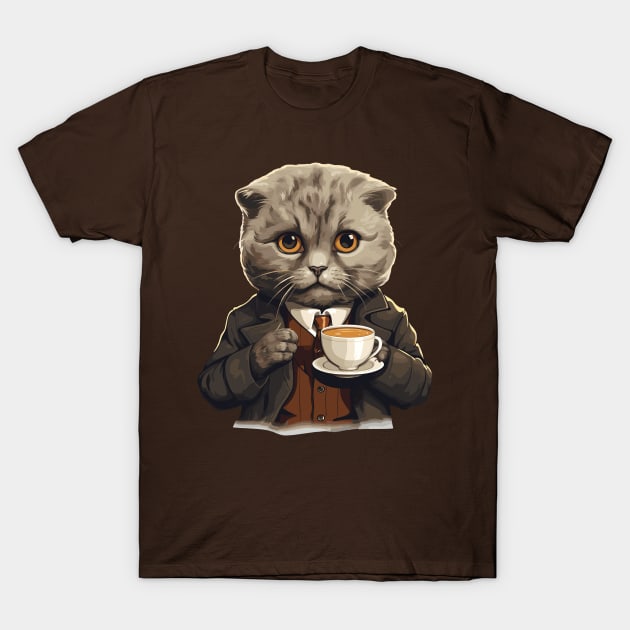 Scottish Fold Cat Drinking Coffee T-Shirt by Graceful Designs